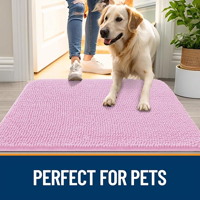 OLANLY Dog Door Mat for Muddy Paws 34x21, Absorbs Moisture and Dirt, Absorbent Non-Slip Washable Doormat, Quick Dry Chenille Mud Mat for Dogs, Entry Indoor Entryway Carpet for Inside Floor, Pink