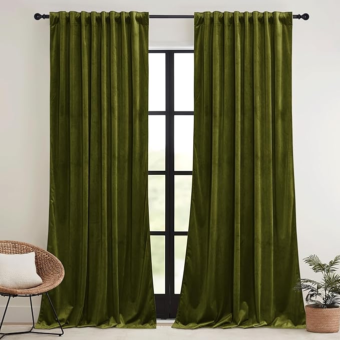 RYB HOME Moss Green Velvet Curtains 63 inches with Hook Belt, Soft Fabric Room Darkening Thermal Insulated Luxurious Home Decor Curtains for Living Room Bedroom, W 42" x L 63", 2 Panels Set