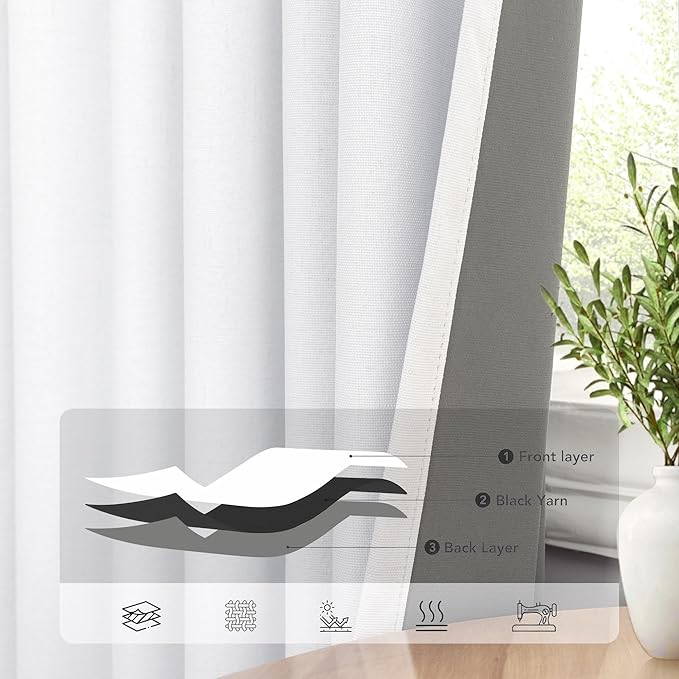 Black Out Curtains 72 Inch Long 6 ft Length 2 Panel Set Neutral Cute Blackout White Linen Look Living Room Darkening Window Drape for Bedroom Insulated Thermal Curtain for Winter Cold UV Cooling 52x72
