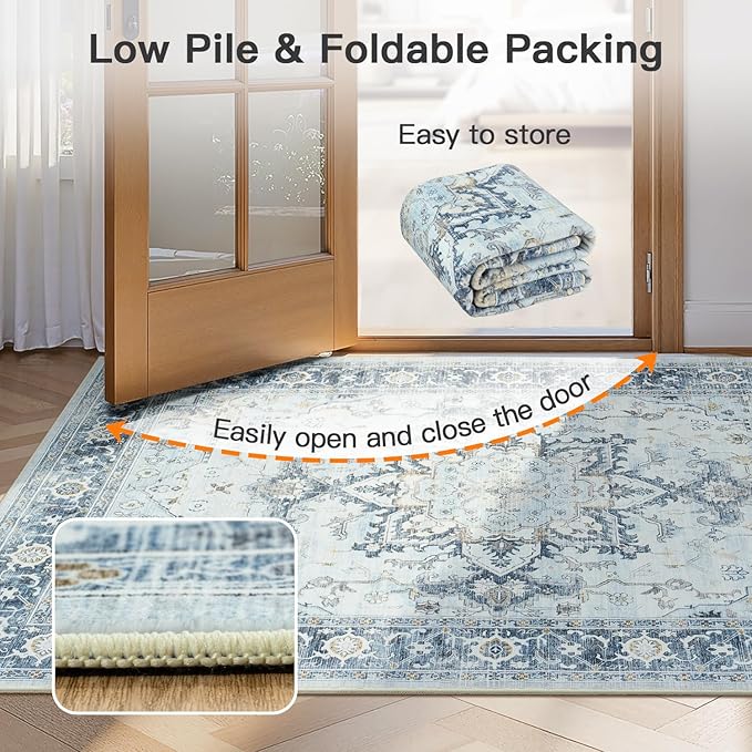 Lofus 3x5 Area Rugs for Entryway, Machine Washable Small Living Room Area Rug, Low Pile Non-Slip Rugs for Bedroom, Kitchen, Home Office, Vintage Oriental Print Rug, Blue Gold