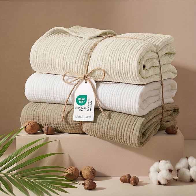 Bedsure 100% Cotton Muslin Throw Blanket Twin XL for Bed - 4-Layer Breathable and Lightweight Thin Soft Summer Gauze Muslin Blankets for Adults, White, 66x90 Inches