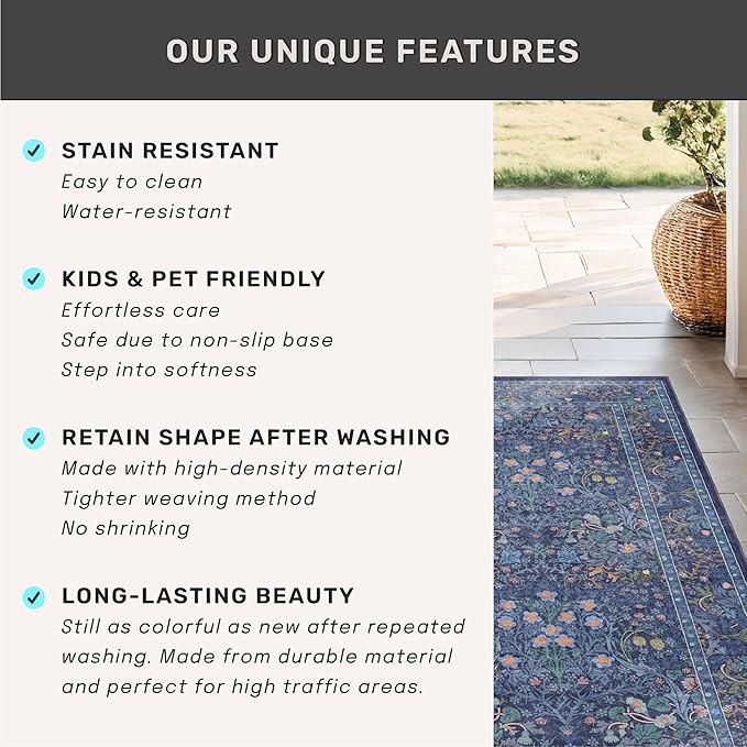 Non Slip Dark Blue 2x5 Runner Rug - Washable Small Throw Rugs for Kitchen, Entryway, Bathroom, Bedroom, Laundry Room, Hallway, Dusky Navy Vintage Oriental Décor