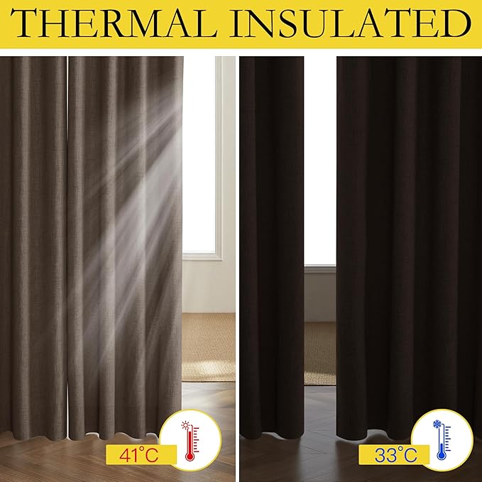 NICETOWN Coffee Vintage Linen 100% Blackout Curtains for Living Room, Thermal Insulated Curtains 48" Long, Noise Reducing Window Treatment Drapes for Hall Room, 52" Wide Per Panel, Set of 2