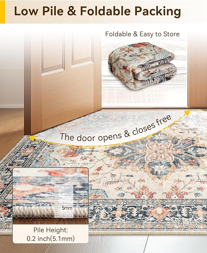 Area Rugs 2'6''x10' Runner Rug Non Slip Washable for Kitchen Hallway Bedroom Beside Laundry Room Bathroom Rug, Floor Carpet, Beige Navy Blue Orange Colorful
