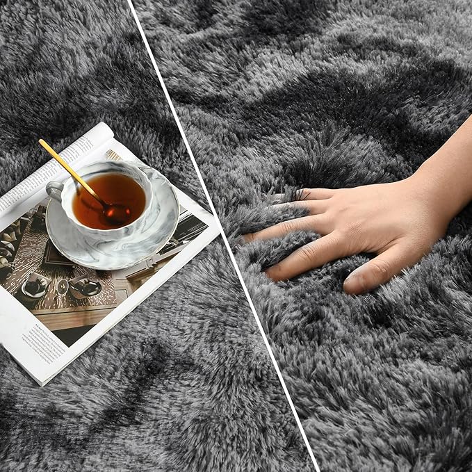 Deerhoo Large Shag Area Rugs 9 x 12, Tie-Dyed Plush Fuzzy Rugs for Living Room, Ultra Soft Fluffy Furry Rug for Bedroom, Indoor Carpet Nursery Rugs for Kids Room Home Decor, Dark Grey