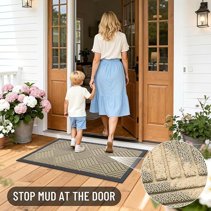 OLANLY Front Door Mat Outside Entrance 71x47, Absorbent, Heavy Duty Sturdy Natural Rubber Doormat Indoor Outdoor, Stain and Fade Resistant, Non-Slip Low Profile Floor Mat for Entryway, Beige Diamond