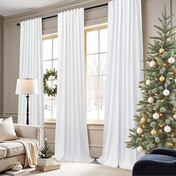 Custom Made Curtains 104 Inches Long 2 Panels Set 100 Percent Blackout Curtain Linen Textured Traverse Light Blocking Drapes for 103 Inch Window Living Room Darkening Nursery 104 Length Back Tab White