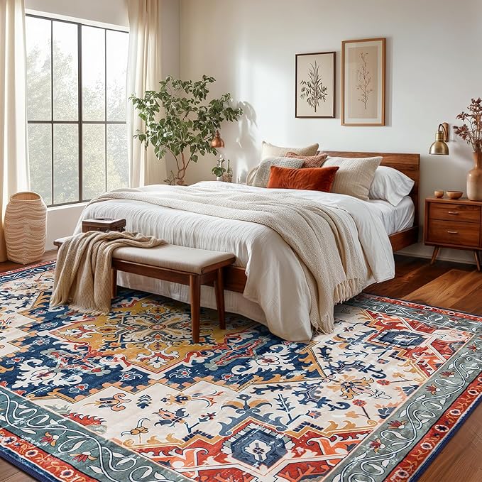 Rugflix 5x7 Area Rug for Living Room, Machine Washable Area Rugs with Non-Slip Backing, Large Soft Boho Vintage Rug for Bedroom, Dining Room, Low Pile Carpet, Kids Pet Friendly, Red