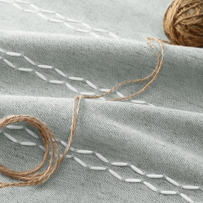 Teal Boho Blackout Curtains 72 Inches Long Light Green Linen Blend 2 Panels with Tassels and Cotton Embroidery, Farmhouse Vintage Rustic Rod Pocket Drapes for Living Room or Bedroom