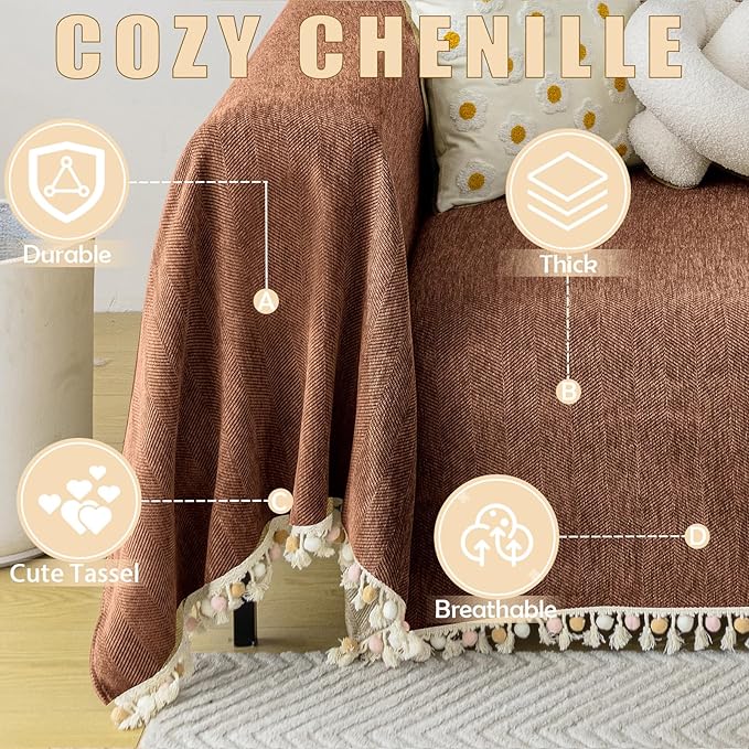 HANDONTIME Boho Style Sofa Cover with Tassels, Washable & Non-Slip Couch Cover for 3 Cushion Sofa, Herringbone Pattern Pet-Friendly Sofa Slipcover, Chocolate Color, 71"x134", Living Room Decor