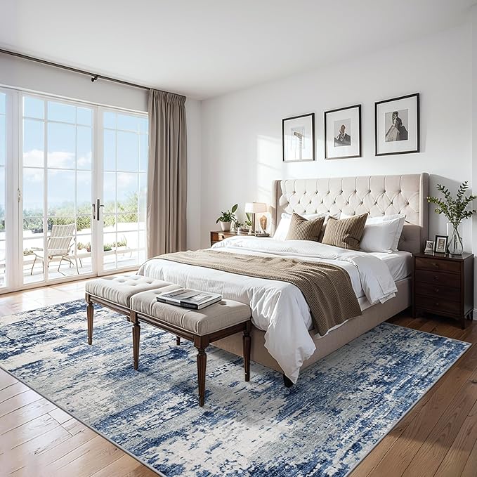 Area Rugs 9x12 Living Room - Washable Rug Modern Abstract Soft Large Neutral Non-Slip Carpet Indoor Floor Thin Carpets for Bedroom Dining Room Farmhouse Nursery Home Office Blue Gray