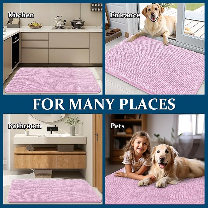 OLANLY Dog Door Mat for Muddy Paws 70x35, Absorbs Moisture and Dirt, Absorbent Non-Slip Washable Doormat, Quick Dry Chenille Mud Mat for Dogs, Entry Indoor Entryway Carpet for Inside Floor, Pink