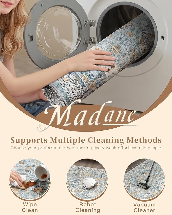 Madane Runner Rugs for Hallway 2x10 Long Washable Non-Slip Hallway Runner Rug Low-Pile Stair Kitchen Runner Soft Throw Carpet for Entrance Living Dining Laundry Room (Blue/Gold, 2 x 10)