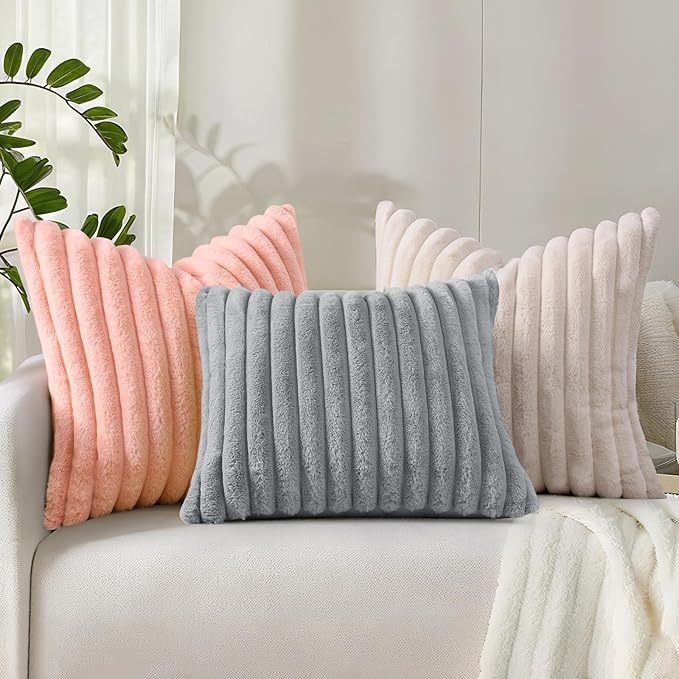 decorUhome Cozy Faux Fur Throw Pillow Covers 20x20 Set of 2 Decorative Soft Plush Striped Modern Farmhouse Boho Couch Pillow Cases with Velvet Back for Sofa Bed Living Room, Grey