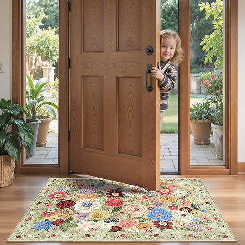 2x4 Entryway Runner Rugs, Non Slip Washable Rugs with Rubber Backing Soft Floral Carpet Runner for Kitchen, Laundry, Bedroom, Bathroom(2 x 4, Green Garden)