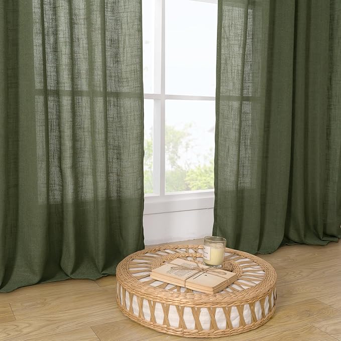 LAMIT Olive Green Linen Semi Sheer Curtains 63 Inch for Bedroom, Light Filtering Christmas Window Curtains Farmhouse Boho Back Tab and Rod Pocket Panels, 2 Panels, 38 x 63 Inch
