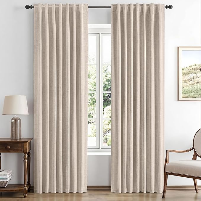 MIULEE 100% Blackout Linen Curtains for Bedroom, Natural Solid Luxury Decor Thermal Insulation Room Darkening Drapes for Living Room Nursery Back Tab Rod Pocket 42 x 63 Inches, 2 Panels