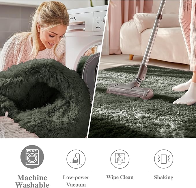 OLANLY Olive Green Round Rugs for Bedroom - Machine Washable, 7 ft Circle Area Rugs for Living Room, Soft and Fluffy Shaggy Carpet for Teen Girl and Boys, Nursery Rooms, Dorms, Home Decor Aesthetic