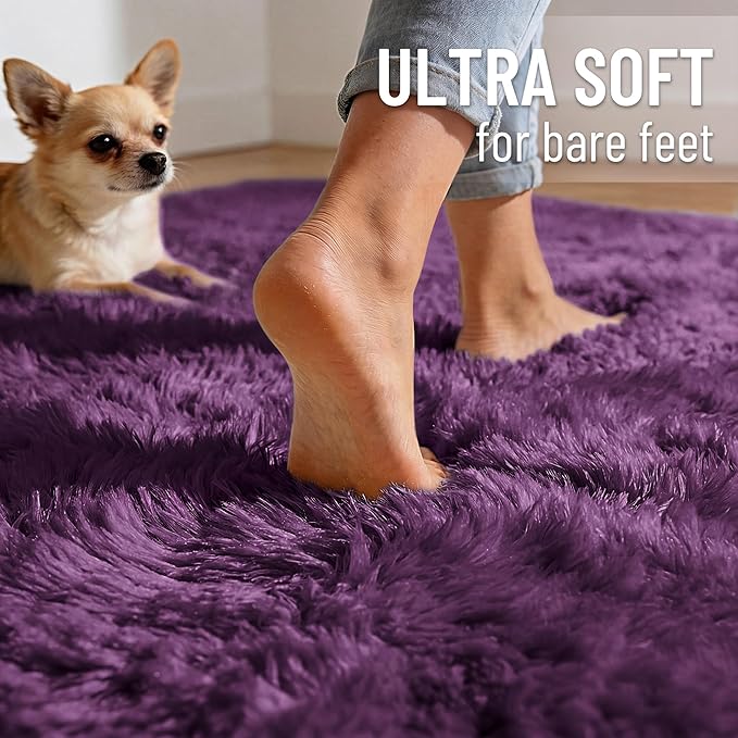 OLANLY Area Rugs for Living Room Bedroom, Machine Washable 4x5.9 ft Soft Fluffy Shaggy Bedside Rug, Indoor Floor Carpet for Kids Girls and Boys, Dorms, Nursery Rooms, Home Decor Aesthetic, Dark Purple