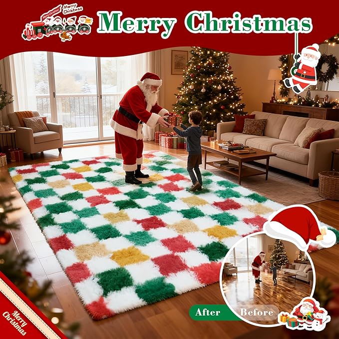 Checkered Area Rug 4x6 for Bedroom Living Room, Christmas Shag Rug Fuzzy Shaggy Bedside Carpet, Indoor Plush Floor Rugs for Kids Boys Girls Room Holiday Home Decor