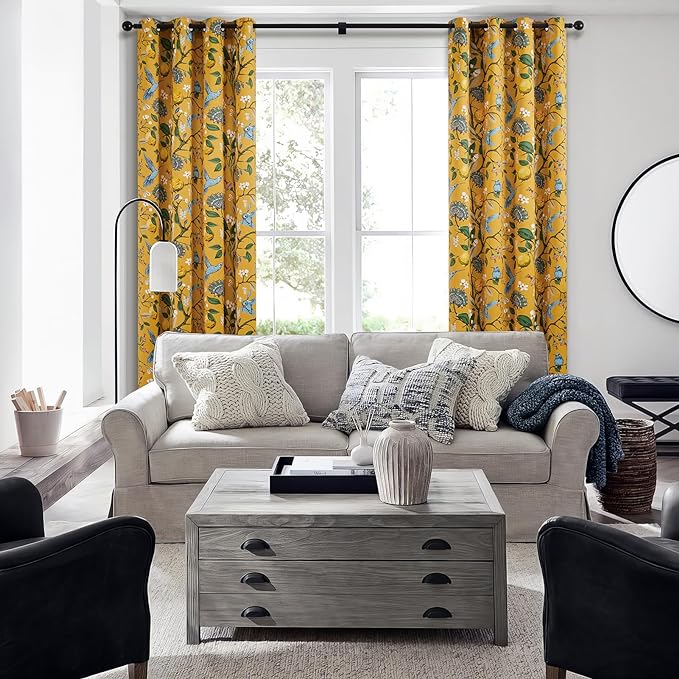 Topfinel Kitchen Curtains 45 Inch Length Mustard Yellow Vintage Blackout Curtains for Cafe Kitchen, Short Grommet Luxury Whimsical Floral Hummingbird Patterned 45 Inches Long for Living Room Bedroom