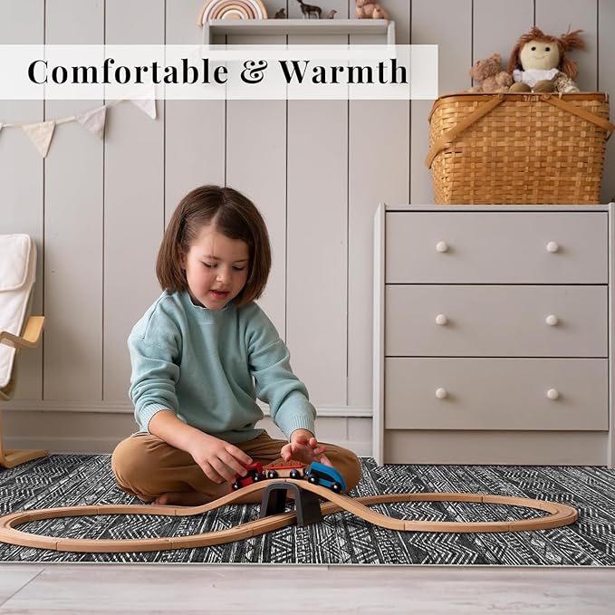 2x3 Washable Entryway Area Rug: Moroccan Small Runner Rug for Hallway Soft Modern Non Slip Door Mat with Rubber Backing Low Pile Thin Floor Carpet for Kitchen Bathroom Bedroom Indoor(Black,2x3)