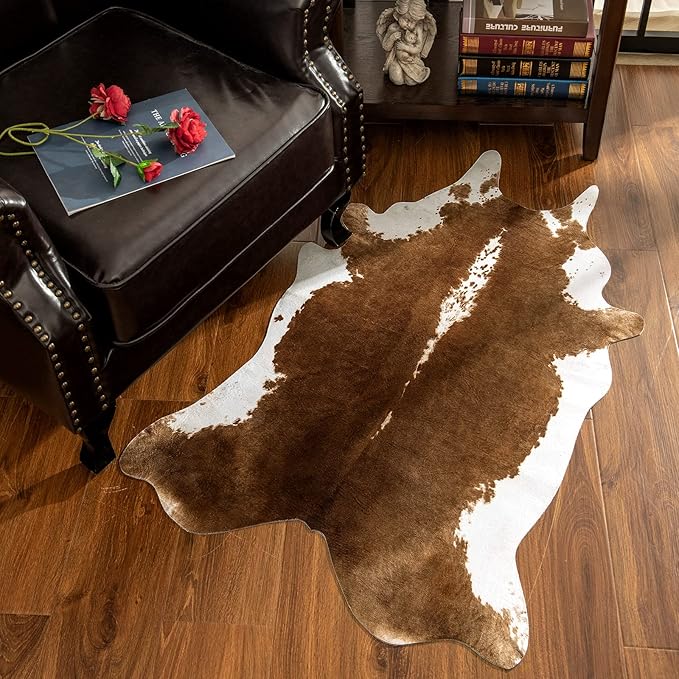 AROGAN Faux Cow Print Rug Large (4ft x 3ft) - Cow Print Area Rug with No-Slip Backing, Large Animal Skin Rugs for Living Room, Offfice, Room Decor, Brown