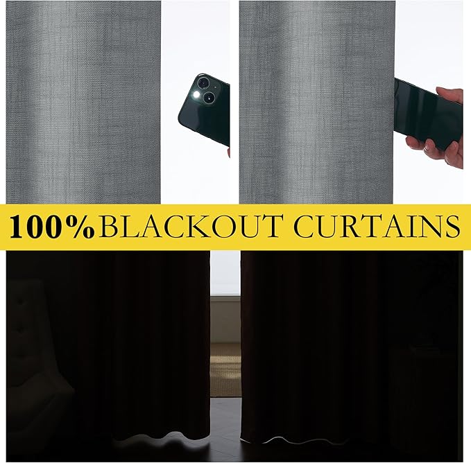 NICETOWN 100% Absolutely Blackout Linen Curtains with Thermal Insulated White Liner, Dove Grey, W52, 2 Pieces, Noise Reducing Textured Linen Look Curtains for Windows 95 inch Length for Classroom
