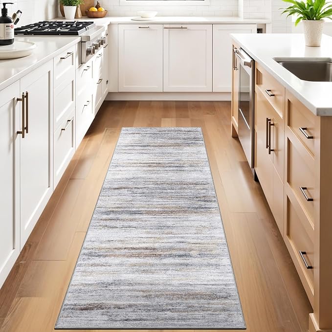 3x9 Washable Runner Rug for Family: Easy-to-Clean Runners for Hallway Entryway Kitchen Bedroom - Stain and Water Resistant Rugs with Non-Slip Backing - Soft Low-Pile Carpet Beige Grey