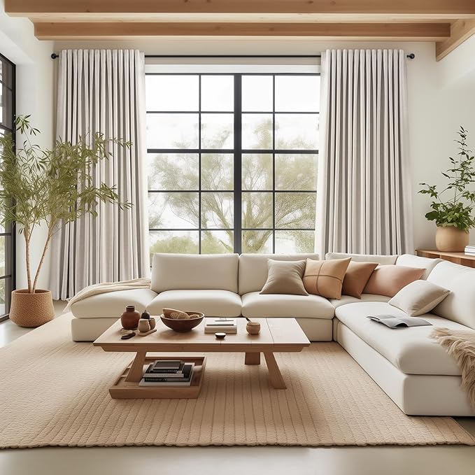 Topfinel 95 Inches Long Blackout Natural Linen Curtains for Bedroom Rustic Brown Pinch Pleat Sound Blocking Curtains Boho Farmhouse Lined Drapes 2 Panels for Living Room Sliding Door