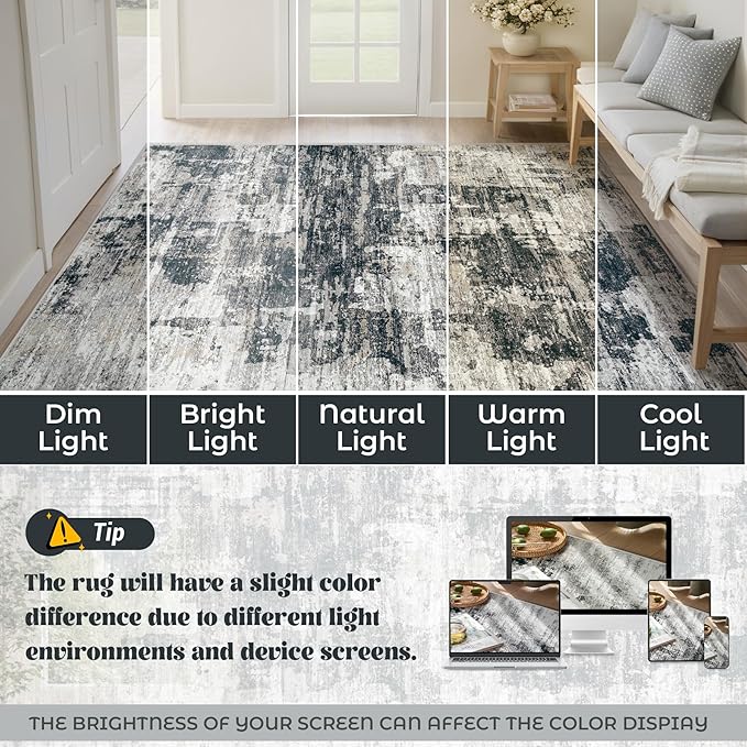 XLUEZ 5x7 Area Rugs for Living Room, Washable Modern Abstract Large Area Rug Neutral Soft Non Slip Kids Rug Stain Resistant Indoor Carpet for Bedroom Nursery Dining Room Playroom(BlackGrey, 5'x7')