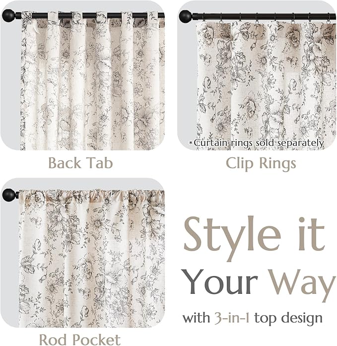 jinchan Linen Blend Curtain Floral Curtains for Living Room 102 Inch Length Black Printed Curtain Rod Pocket Back Tab Farmhouse Peony Flower Patterned Drapes Bedroom Window Curtains Set 2 Panels