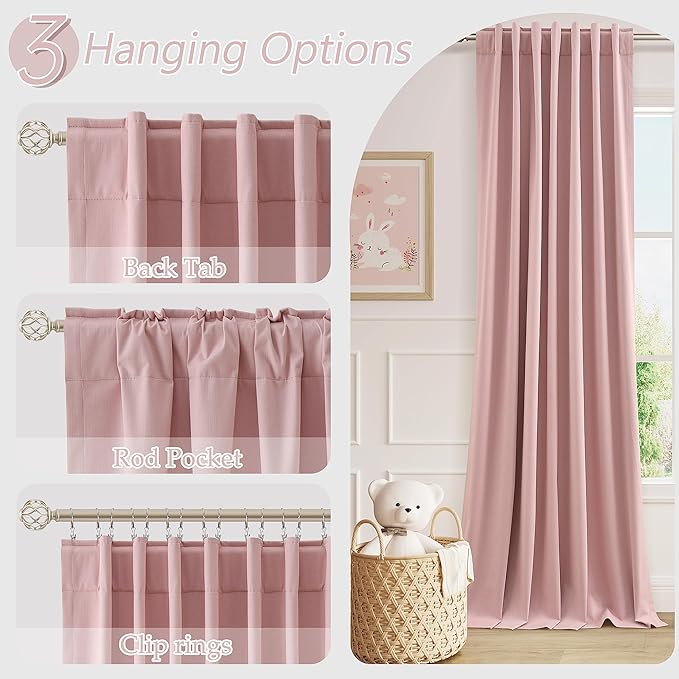 Guken Pink 100% Blackout Linen Curtains 102 Inch 2 Panels Set for Girl's Bedroom, Living Room, Nursery, Back Tab Rod Pocket Thermal Insulated Black Out Drapes Room Darkening Window Curtains