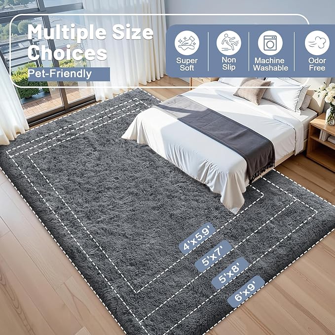 OLANLY 10x14 Machine Washable Large Area Rugs for Living Room, Bedroom, Soft Fluffy Shaggy Bedside Rug, Indoor Floor Carpet for Kids Girls and Boys, Dorms, Nursery, Home Decor Aesthetic, Grey