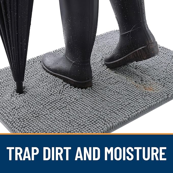 OLANLY Dog Door Mat for Muddy Paws 32x20, Absorbs Moisture and Dirt, Absorbent Non-Slip Washable Doormat, Quick Dry Chenille Mud Mat for Dogs, Entry Indoor Entryway Carpet for Inside Floor, Grey