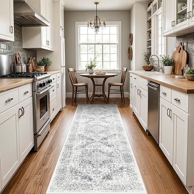 Washable 2'6''x8' Runner Rug - Non-Slip Vintage Runner Rug for Entryway Low-Pile Medallion Long Rugs for Hallway Waterproof Traditional Runner Rugs Indoor Thin Rug for Kitchen (Grey)