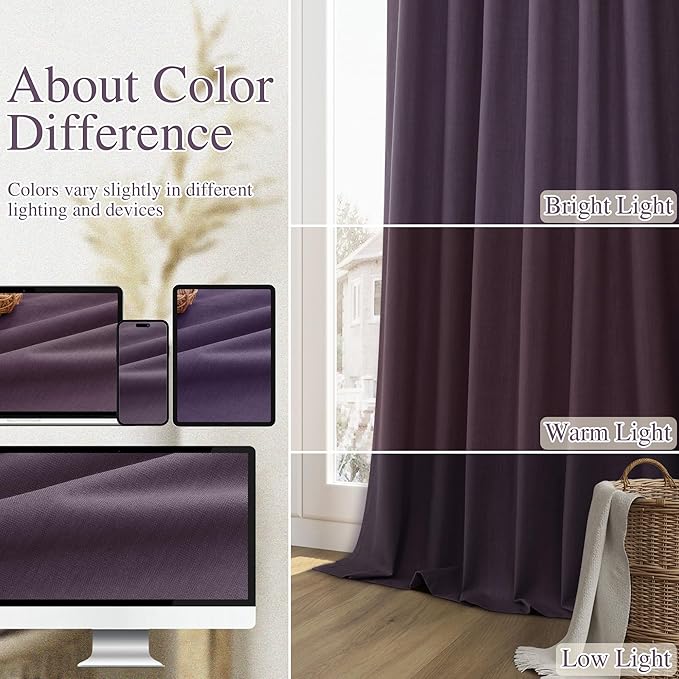 Plum 100% Blackout Linen Curtains 90 Inch Length 2 Panels Set for Living Room Bedroom Back Tab Thermal Insulated Black Out Drapes Room Darkening Farmhouse Style for Bedroom Window Curtains 52x90