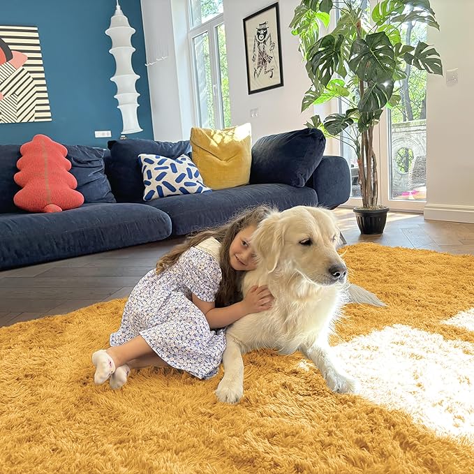 OLANLY 9x12 Machine Washable Large Area Rugs for Living Room, Bedroom, Soft Fluffy Shaggy Bedside Rug, Indoor Floor Carpet for Kids Girls and Boys, Dorms, Nursery, Home Decor Aesthetic, Mustard Yellow