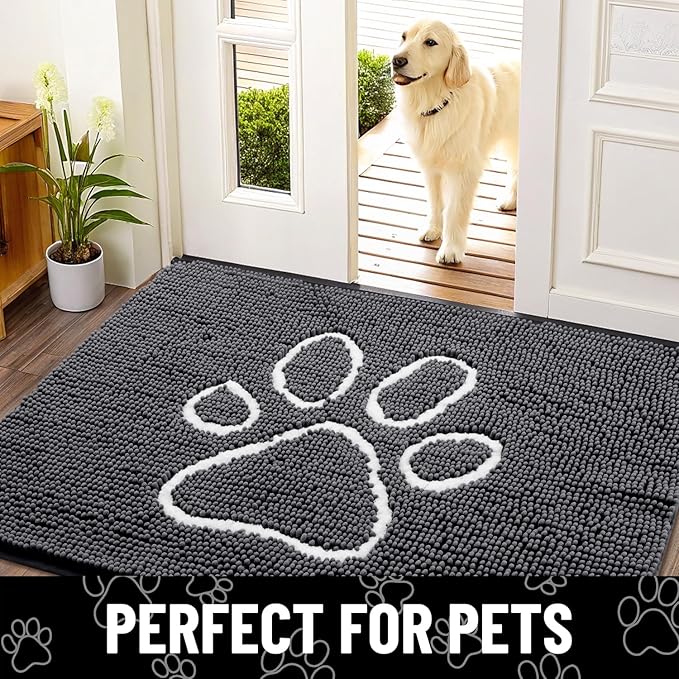 Smiry Dog Door Mat for Muddy Paws, Absorbent Dirt Trapper Non Slip Quick Dry Washable Chenille Mat for Mud Dogs, Entry Rug for Indoor and Outdoor (54x32 Inches, Dark Grey and White)