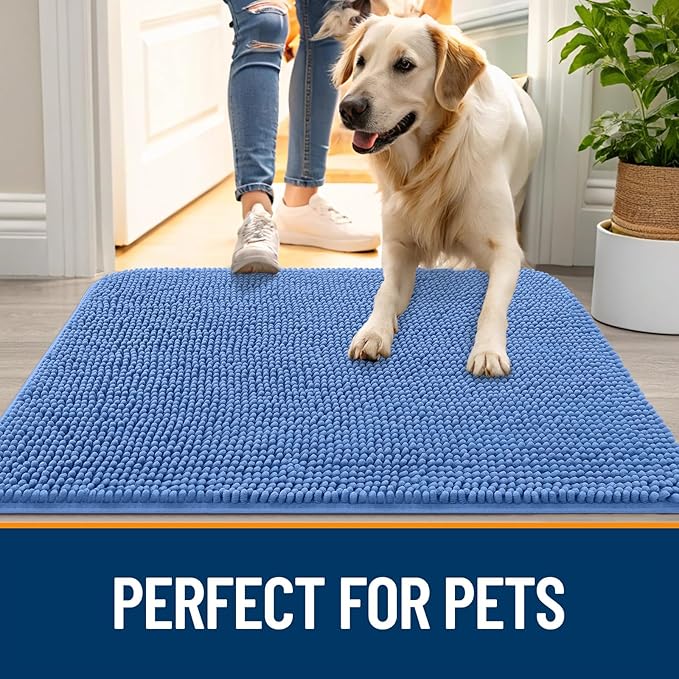 OLANLY Dog Door Mat for Muddy Paws 54x24, Absorbs Moisture and Dirt, Absorbent Non-Slip Washable Doormat, Quick Dry Chenille Mud Mat, Entry Indoor Entryway Carpet for Inside Floor, Cornflower Blue