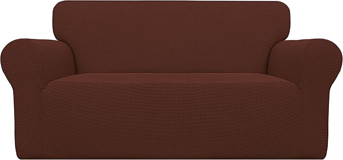 Easy-Going Stretch Loveseat Slipcover 1-Piece Sofa Cover Furniture Protector Couch Soft with Elastic Bottom for Kids Polyester Spandex Jacquard Fabric Small Checks (Loveseat, Coffee)