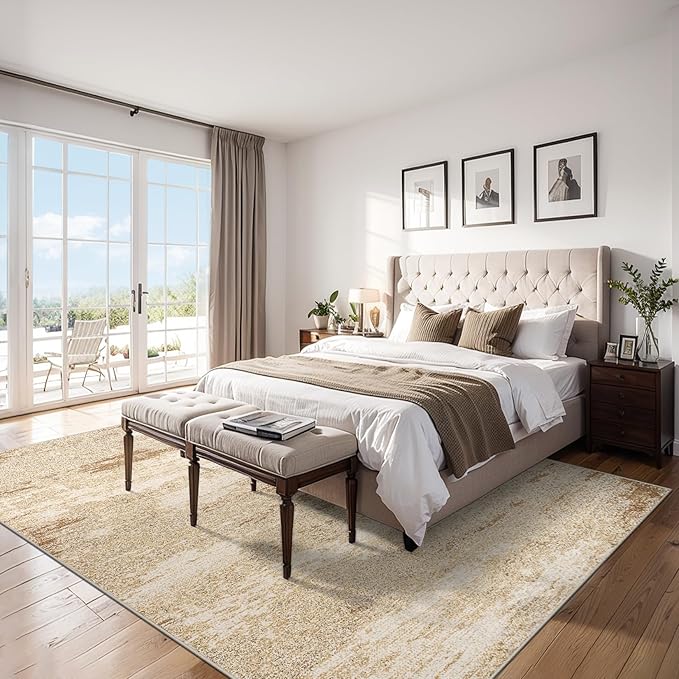 Area Rugs 10x12 Living Room - Washable Rug Modern Abstract Soft Large Neutral Non-Slip Carpet Indoor Floor Thin Carpets for Bedroom Dining Room Farmhouse Nursery Home Office Beige