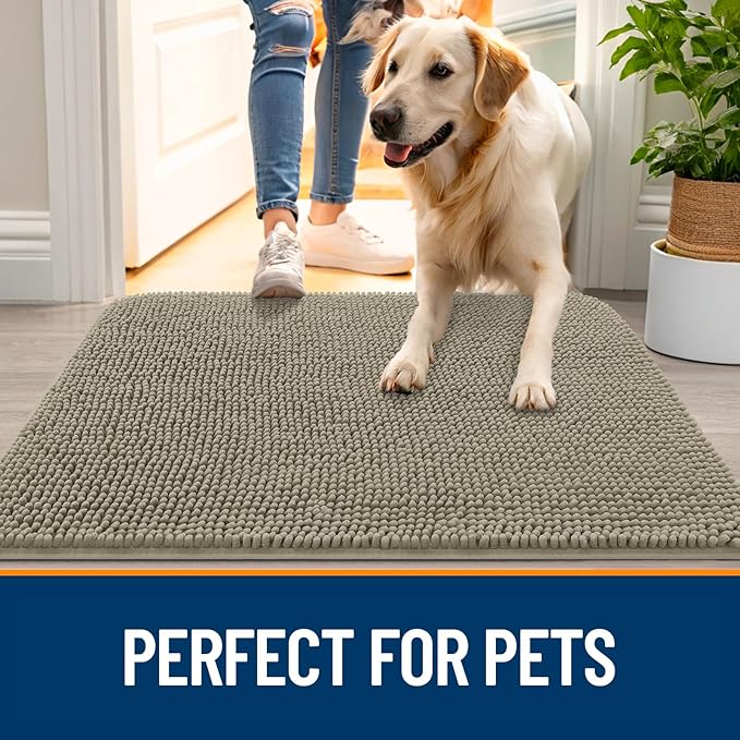 OLANLY Dog Door Mat for Muddy Paws 45x27, Absorbs Moisture and Dirt, Absorbent Non-Slip Washable Doormat, Quick Dry Chenille Mud Mat, Entry Indoor Entryway Carpet for Inside Floor, Warm Taupe