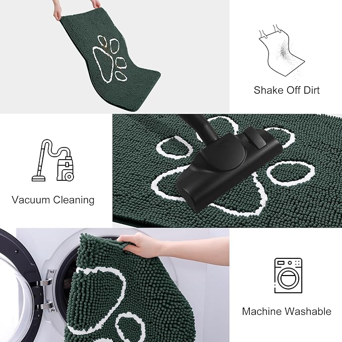 Smiry Dog Door Mat for Muddy Paws, Absorbent Dirt Trapper Non Slip Quick Dry Washable Chenille Mat for Mud Dogs, Entry Rug for Indoor and Outdoor (70x24 Inches, Green and White)