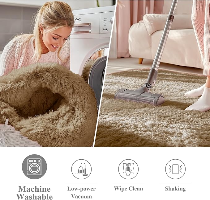 OLANLY Taupe Round Rugs for Bedroom - Machine Washable, 5 ft Circle Area Rugs for Living Room, Soft and Fluffy Shaggy Carpet for Teen Girl and Boys, Nursery Rooms, Dorms, Home Decor Aesthetic