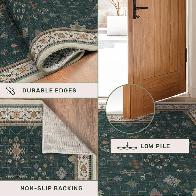 Hazo Haus Dark Green Oushak Living Room Rug 10x14 - Modern Vintage Boho Eclectic Floral Pastel, Washable Low Pile Non-Slip Extra Large Area Rugs for Dining Under Table Bedroom Lounge