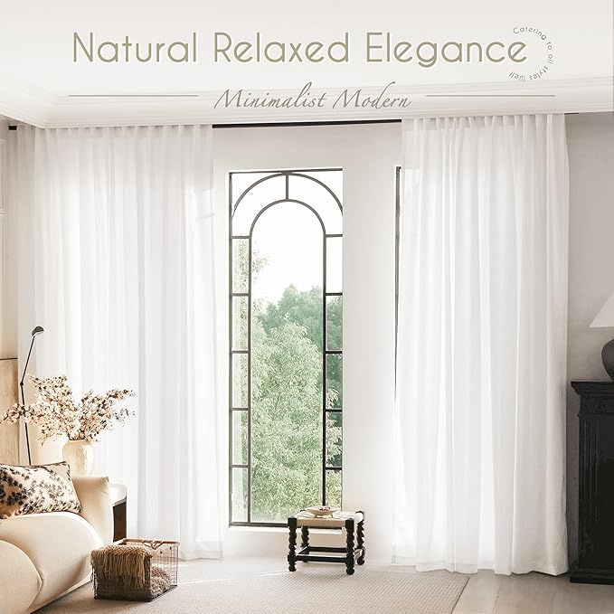 Long White Curtain 108 inches Long 2 Panels Set Back Tab Light Filtering Cotton Textured Curtain Modern Farmhouse Coastal Decor White Linen Drapes 108 inch Length for Large Window 9 FT Tall 42x108