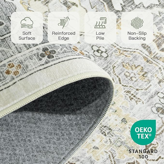 Lofus 9x12 Area Rugs for Living Room, Machine Washable Non-Slip Area Rug, Low Pile Large Rugs for Bedroom, Kitchen, Dining Room, Home Office, Vintage Oriental Print Rug, Taupe Grey
