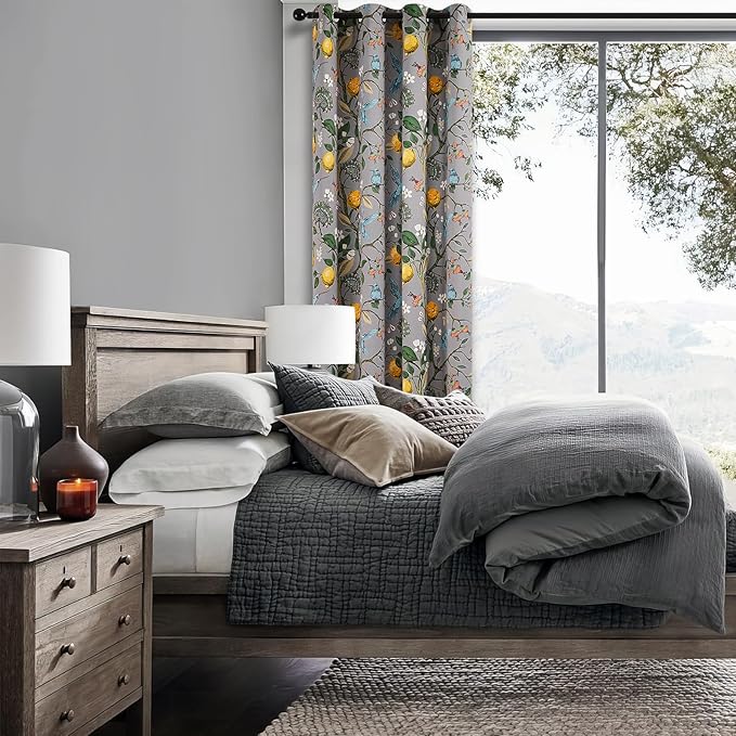 Topfinel Kitchen Curtains 45 Inch Length Gray Vintage Blackout Curtains for Cafe Kitchen, Short Grommet Luxury Whimsical Floral Hummingbird Patterned 45 Inches Long for Living Room Bedroom