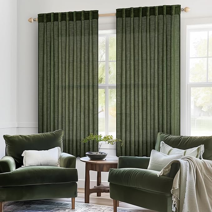 MIULEE Olive Green Short Linen Curtains 45 Inch Length 2 Panels for Kitchen Bedroom Bathroom, Soft Thick Linen Textured Basement Window Drapes Semi Sheer Light Filtering Back Tab Burlap Look Decor